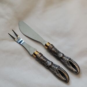 Vtg- Crab Claw- Cheese Spreader & Fork with Claw Handles-Silver and Gold (2 Set)
